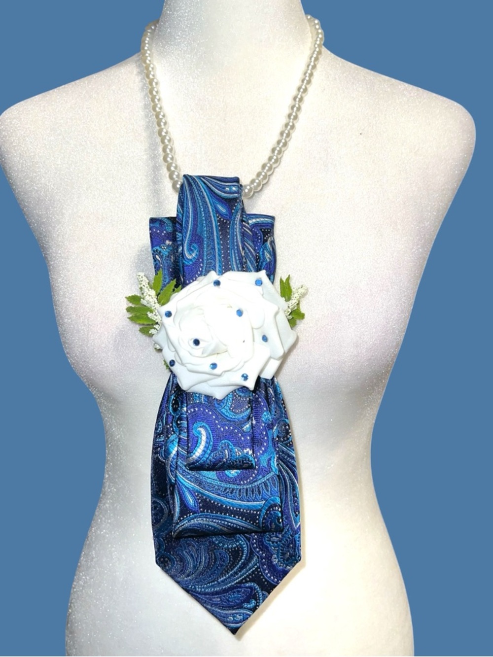 Handmade Blue Paisley Statement Necklace with White Floral Accent